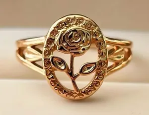Gold Rose Oval Filigree Ring - Elegant Floral Women’s Ring Size 7 thumbnail 1