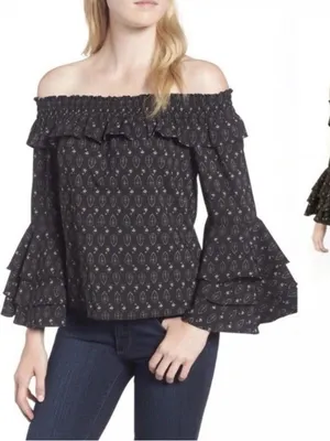 Misa Los Angeles Saskiya Black Multi Off-The-Shoulder‎ Printed Blouse Size Small thumbnail 1