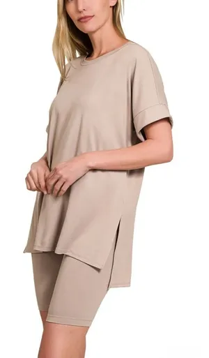 Zenana Brushed Microfiber Round Neck Top and Biker Shorts Set size small thumbnail 1