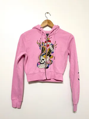 Ed Hardy Pink Skull Graphic Cropped Zip Hoodie Women’s NYC Medium thumbnail 2