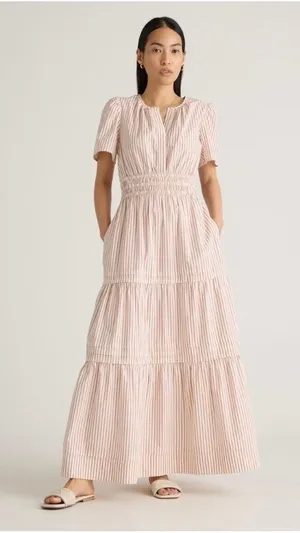Quince 100% Organic Cotton Poplin Tiered Maxi Dress Terracotta Stripe Small thumbnail 1