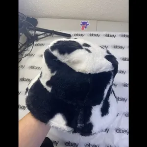 Cow Print Faux Fur Bucket Hat Black & White Fluffy Y2K Unisex thumbnail 6