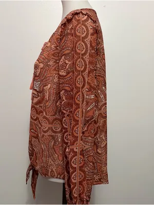 INC International Concepts Rust Paisley Tie-Front Tassel Blouse 1X Bohemian thumbnail 3