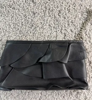 Express Black Ruffle Tiered Faux Leather Clutch Bag with Silver Chain Strap thumbnail 1