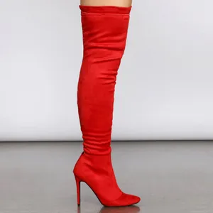 Forever Link New Red Stretchy Over The Knee Thigh High Boot Gold Studded Stiletto High Heel thumbnail 4