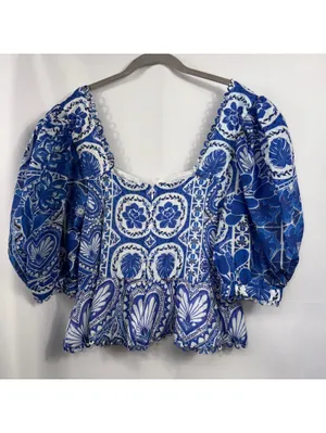 FARM Rio Blue Motif Puff Sleeve Peplum Top XL NWT thumbnail 9