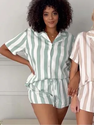 Birdy Grey Eddie Striped Pajama Set Women’s Large Sage Green Shorts Top thumbnail 2