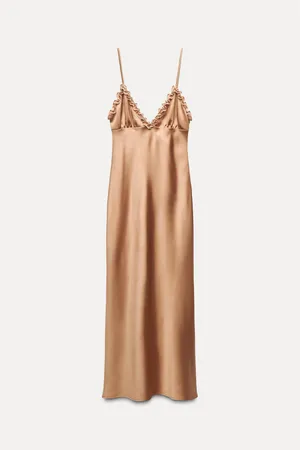 Zara maxi dress bodycon slip satin ruffle carmel evening wedding cocktail thumbnail 18
