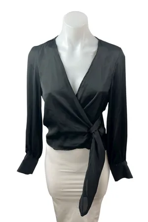 Zara Women's Black Silky Satin Sheer V Neck Long Sleeve Crop Wrap Blouse Top XS thumbnail 1