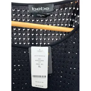 Bebe Lace Up Shoulder Sweater Top XL Black Open Knit Metallic Cage Sleeve NWT thumbnail 5