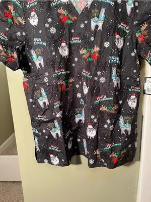 Cherokee Women's Sz Large Merry Whatever Scrub Top Gray V-Neck Holiday Christmas thumbnail 8