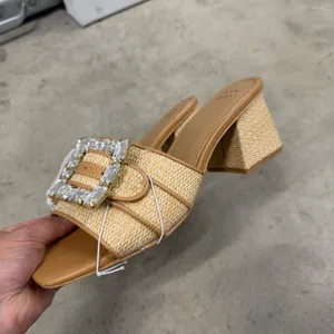 A New Day Kathleen Beige Raffia Crystal Buckle Block Heel‎ Slide Sandals 9 thumbnail 5