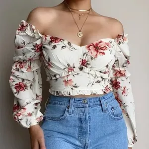 Privy Floral Off Shoulder Crop Top with Long Sleeves.‎ Size: M thumbnail 1