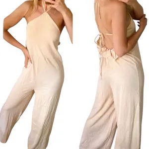 Zara Neutral Halter Backless Wide-Leg Jumpsuit M thumbnail 3
