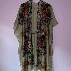Tan Boho Floral Ruana Longline Shawl Lightweight Wrap thumbnail 10