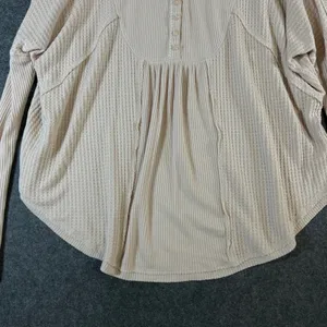 Free People Women‎ Beige Waffle Knit Ribbed Henley Thermal Top Small OB1013778 thumbnail 8