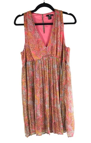 H&M Sleeveless Paisley Dress Pleated V-Neck Pink Orange Size 14 thumbnail 1