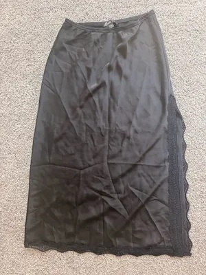 Black satin slip skirt with lace trim thumbnail 1