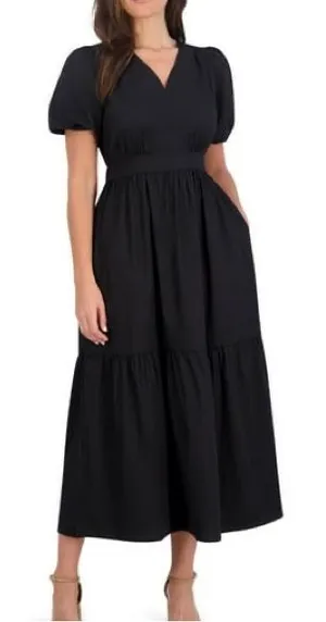 French Connection V-neck Short PuffSleeve Black Poplin Tier Maxi Dress size XL thumbnail 1
