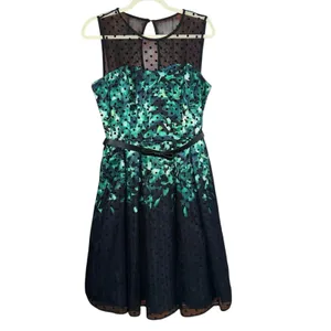 black and green floral cocktail dress sheer polka-dot mesh neckline thin belt 12 thumbnail 2