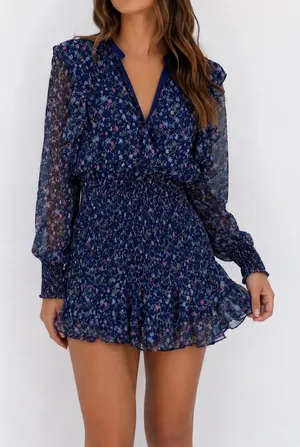 Lush Clothing Floral Smocked Mini Dress Medium Navy Blue Ruffle Long Sleeve Cottagecore thumbnail 1