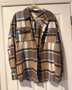 Automet Plaid Flannel Shacket Brown Long Sleeve Button Front Women's XL NEW thumbnail 1