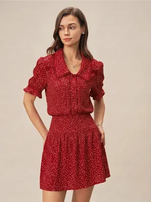 Rihoas Red Puffed Sleeve Polka Dot Collar Blouse thumbnail 3