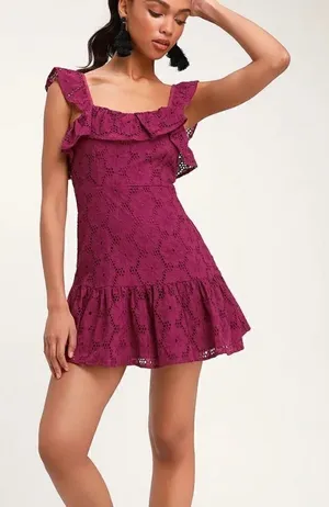 Lulu’s Biscay Magenta Ruffled Eyelet Lace Dress thumbnail 1