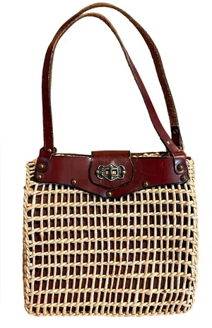 Vintage 1980'S Dark Mahogany Brown Leather And Straw Shoulder Tote Bag thumbnail 1