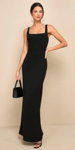 New Lulus Timeless Poise Black Rhinestone Square Neck Backless Maxi Dress 2XL thumbnail 1