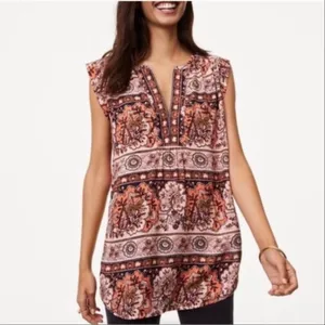 Loft Boho Floral Split Neck Sleeveless Tunic Tank Top Shirt Peach‎ Coral Medium thumbnail 2