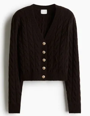 H&M‎ Cable Knit Cardigan S Chunky Chocolate Brown Old Money Wool Blend thumbnail 1