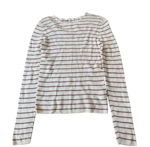 Vince Womens Ribbed Striped Wool Sweater Cream Burgundy Crew‎ Neck Size Medium thumbnail 1
