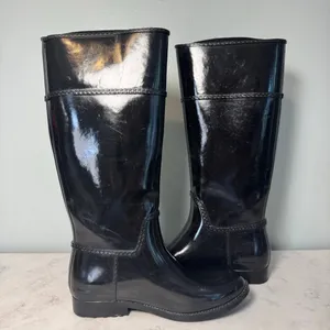 Michael Kors Stockard Gloss Logo Tall Rain Boots Size 7 Black Gold thumbnail 4