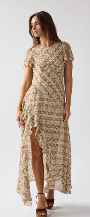Bohme sz L Baevely AnimalPrint Ruffle Tiered Slit Maxi Dress Exotic Wild Evening thumbnail 1