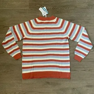 Pastel Stripe Pointelle Lightweight Knit Sweater Coastal Grandma Boho Size M NWT thumbnail 3