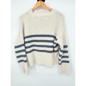Pink Rose Striped Sweater Womens Medium Cropped‎ Pullover Oversized Ivory Bluec thumbnail 4