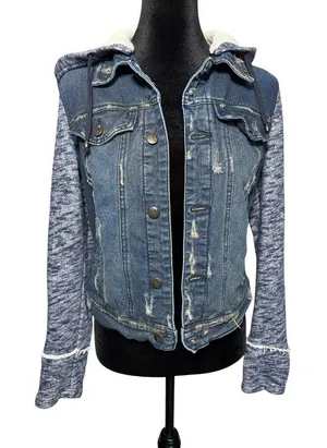 Free People Distressed Denim Jean Jacket W/ Knit Sleeves & Hood thumbnail 1