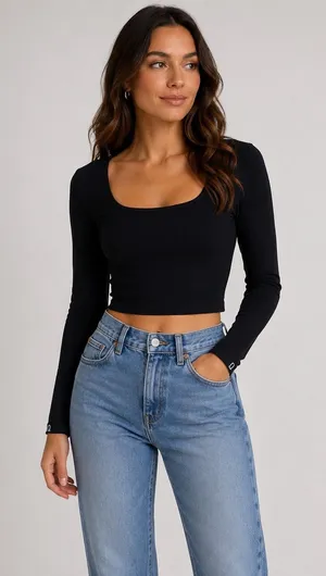 OQQ Black Crop Top Small Long Sleeve Stretch Y2K Sexy Clubwear Basic thumbnail 1