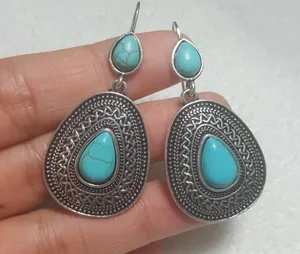 Vintage Boho Silver Turquoise Gemstone Drop Dangle Hooks Earrings Blue thumbnail 1