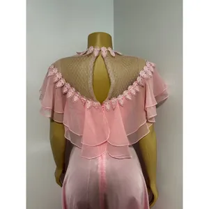 Vintage 70s Pink Maxi Dress Lace Mesh Yoke Flutter Sleeve Romantic Prom 9/10 thumbnail 4