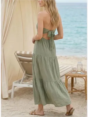 Women's Sage Green Halter Tiered Vacation Maxi Dress with Pockets, Size XS thumbnail 4