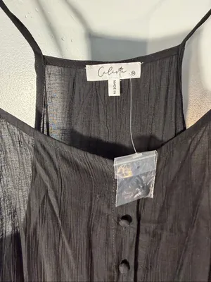 Calista Black Crinkle Tiered Maxi Dress Size Med Sleeveless Spaghetti Strap Boho thumbnail 6