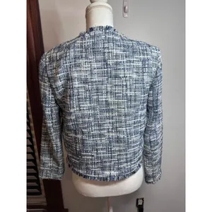 Calvin Klein Womens Blue White Tweed Fringe Open Front Jacket Size 2 Old money thumbnail 3