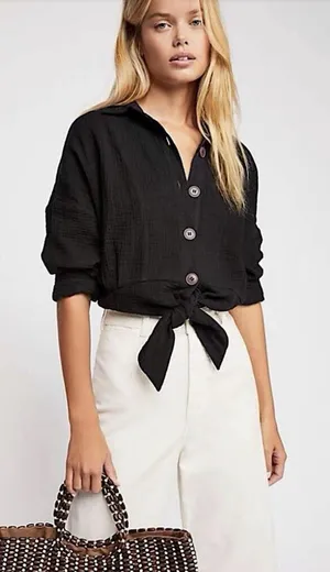 Free People Sunstreaks Tie Front Black Gauzy Cotton Top Button Front Large Beach thumbnail 1