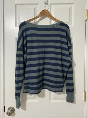 Aerie OFFLINE Wow Oversized Waffle Thermal Top Size Small Striped Green Blue thumbnail 4