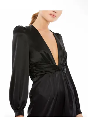 Mac Duggal 2647 black v- Neck satin Jumpsuit long sleeve formal evening wear thumbnail 2