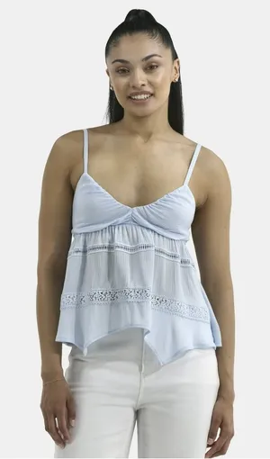 No Boundaries Light Blue Hanky Hem Cami with Lace, Women's thumbnail 1