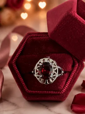 Stainless Steel Silver Garnet Oval Ring in Deep Red Size 8 thumbnail 1