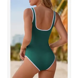 NEW Green Slimming 1 Pc Swimsuit Ribbed High Cut Bathing Suit L thumbnail 2